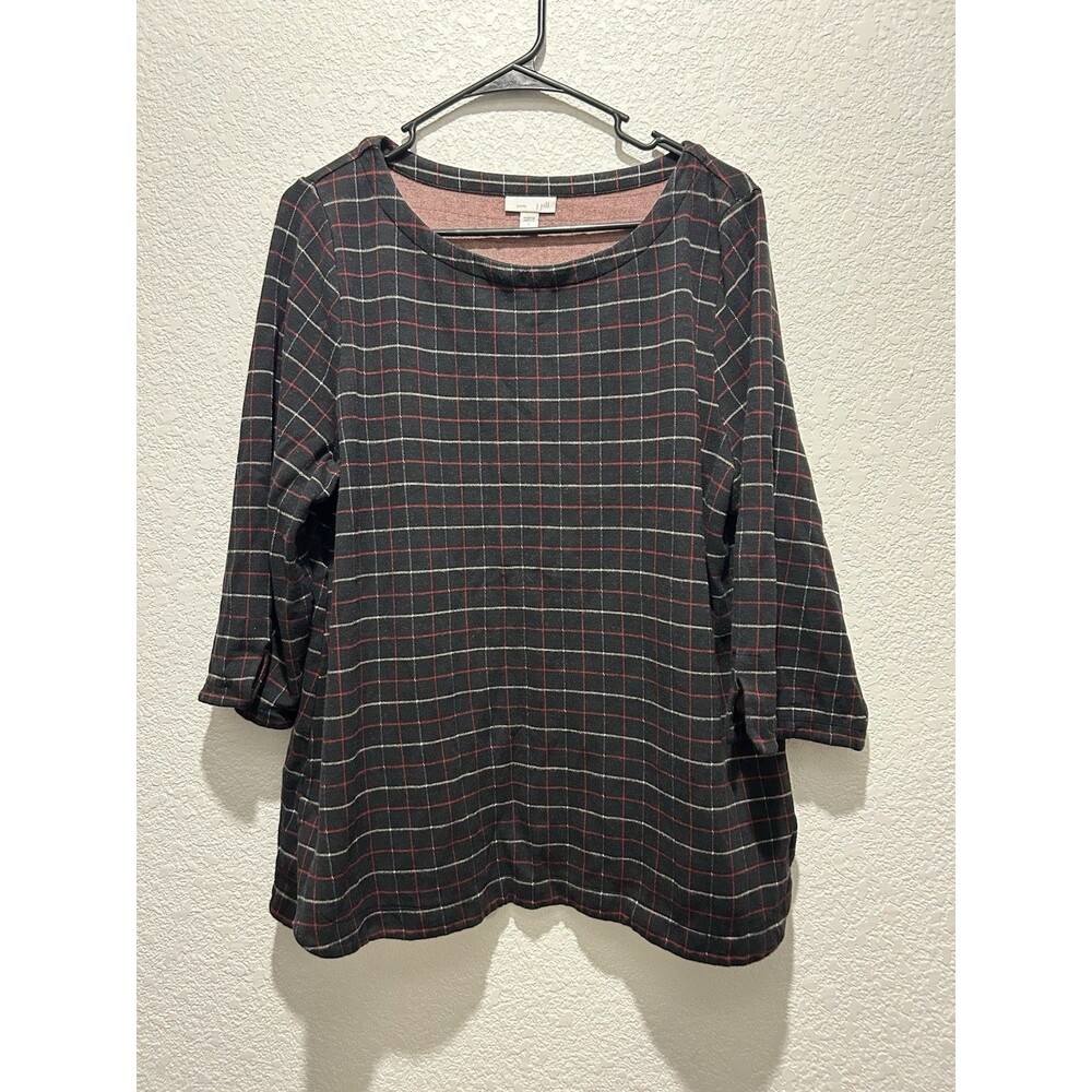 J Jill Top Women L Black Red Ponte Pull Over Sweater Boatneck 3/4 Sleeve